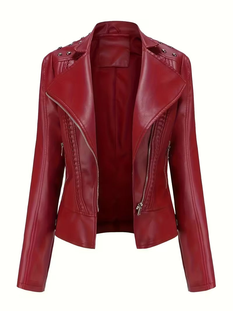 Women’s Leather Biker Jacket – Short Moto Coat with Stand Collar