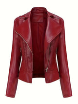 Women’s Leather Biker Jacket – Short Moto Coat with Stand Collar