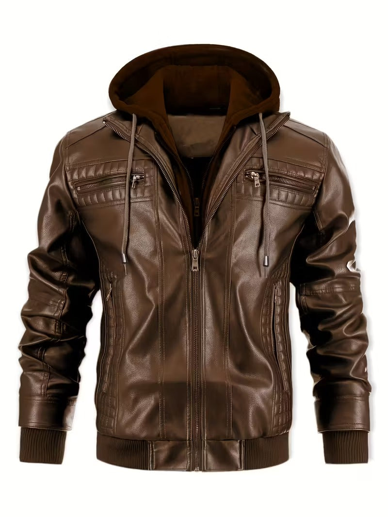 Men’s Leather Motorcycle Jacket with Removable Hood