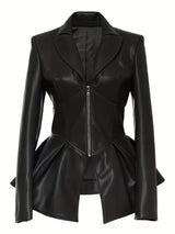 Women’s Black Leather Blazer – Fitted Peplum Jacket for Office & Street Style