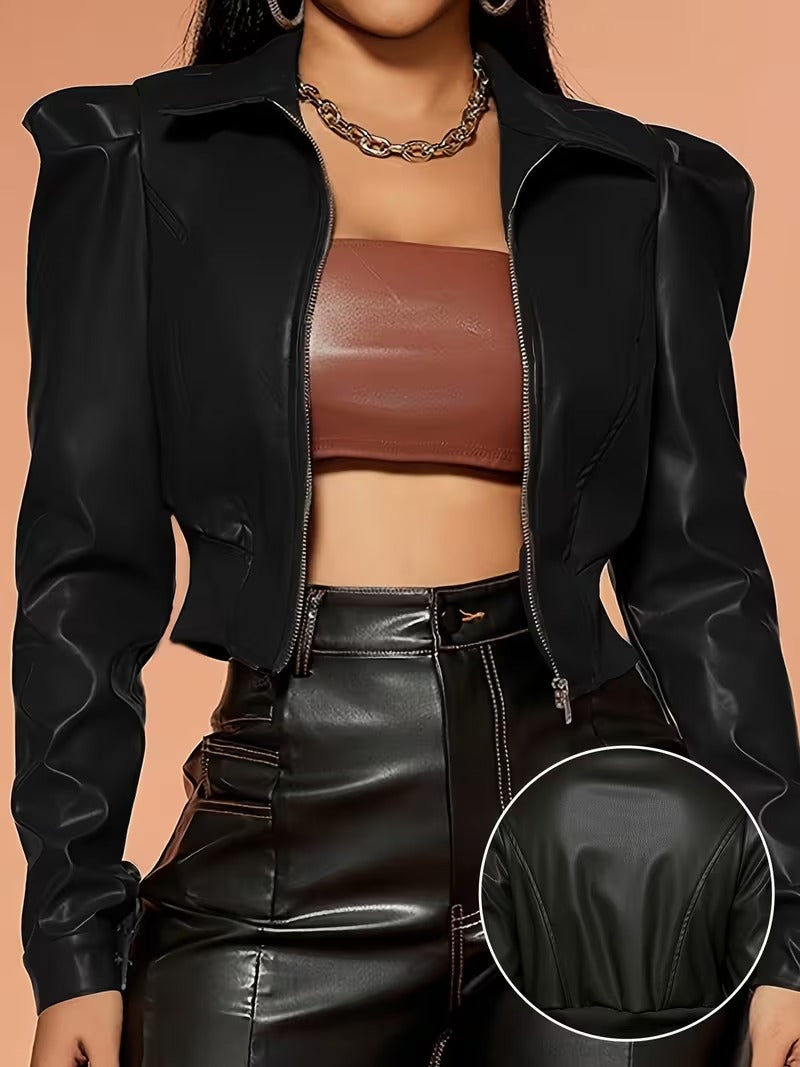 Women’s Chic Matte Leather Cropped Jacket with Ruffle Sleeves & Zipper Detail