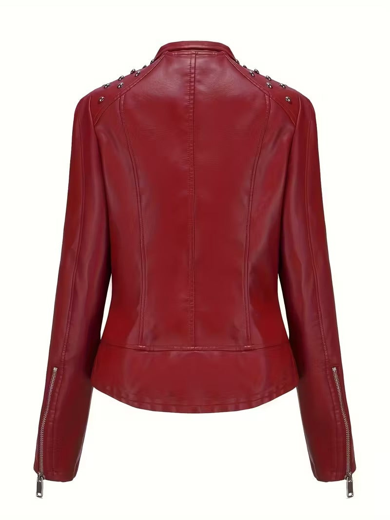 Women’s Leather Biker Jacket – Short Moto Coat with Stand Collar