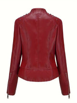 Women’s Leather Biker Jacket – Short Moto Coat with Stand Collar