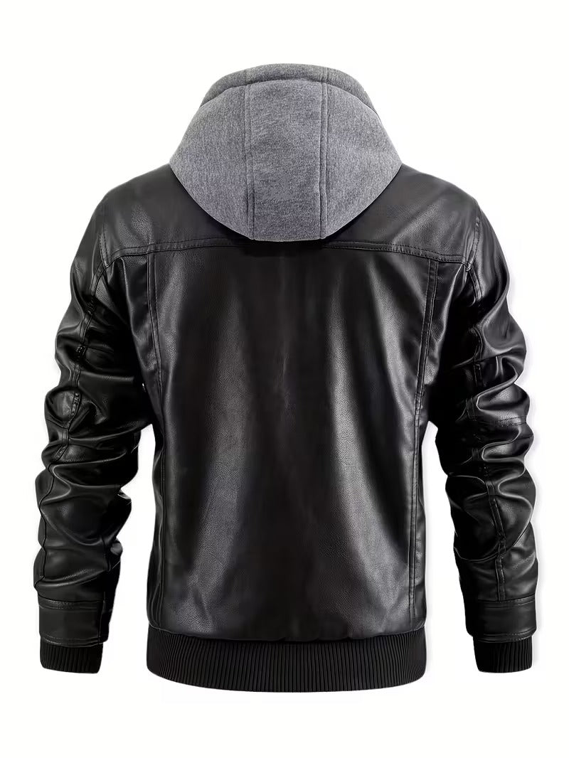 Men’s Leather Motorcycle Jacket with Removable Hood