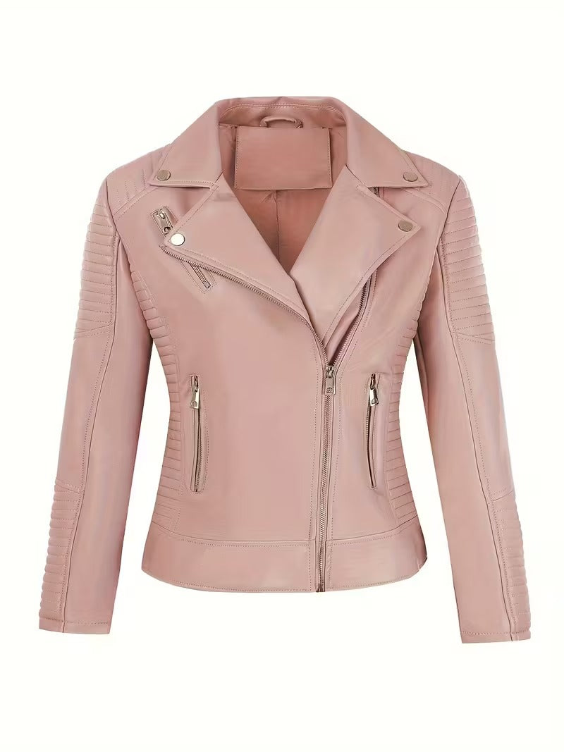 Women’s Leather-Look Short Motorcycle Jacket – Casual & Versatile Coat