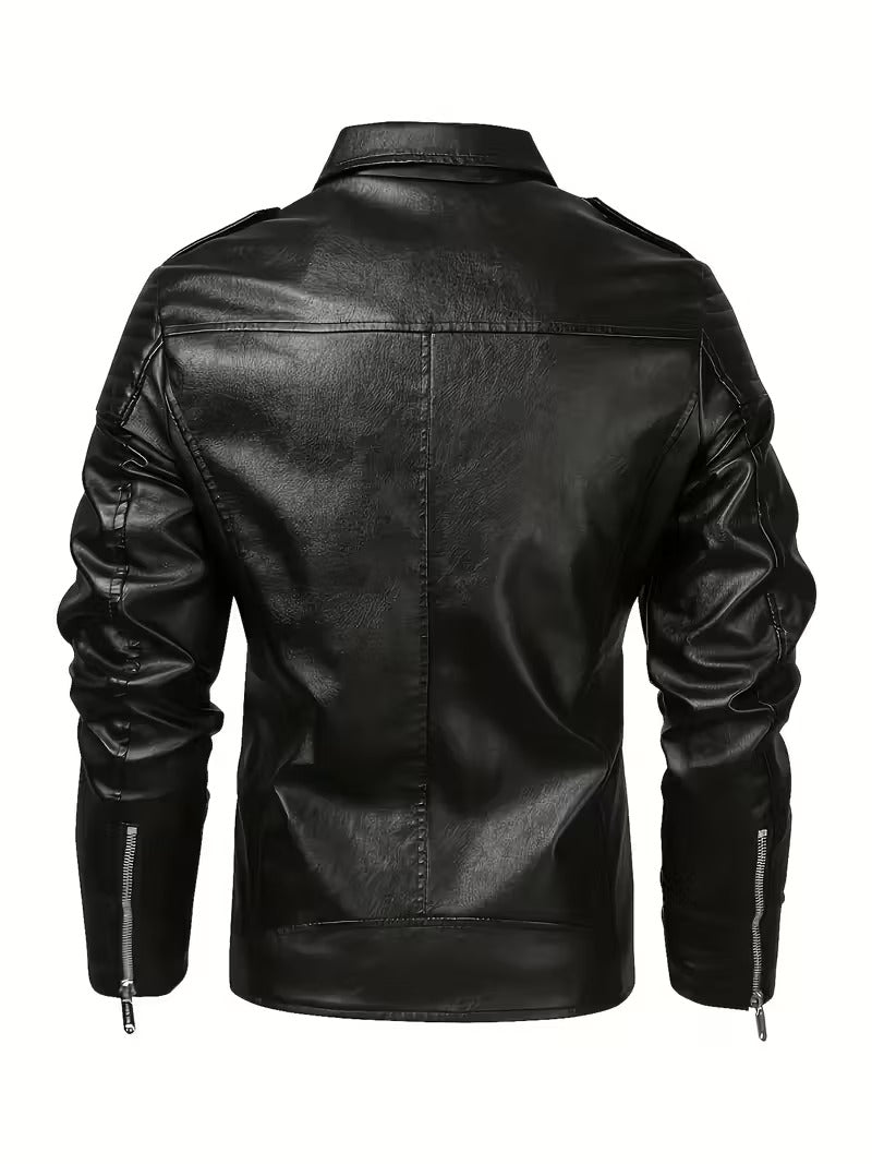 Men’s Black Leather Motorcycle Jacket – Windproof Full-Zip Biker Coat