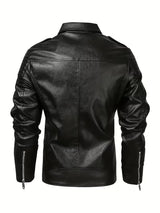 Men’s Black Leather Motorcycle Jacket – Windproof Full-Zip Biker Coat