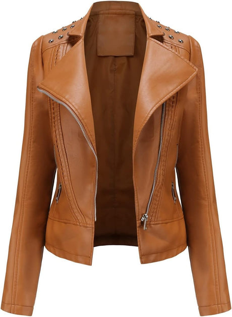 Women’s Leather Biker Jacket – Short Moto Coat with Stand Collar