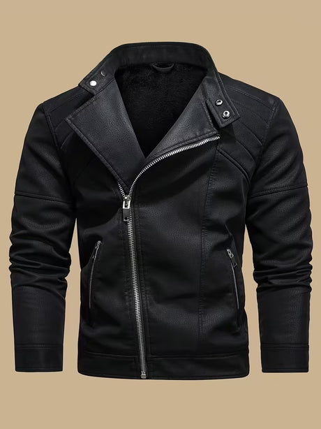 Men’s Retro Leather Moto Jacket with Large Lapel & Adjustable Sleeves