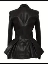 Women’s Black Leather Blazer – Fitted Peplum Jacket for Office & Street Style