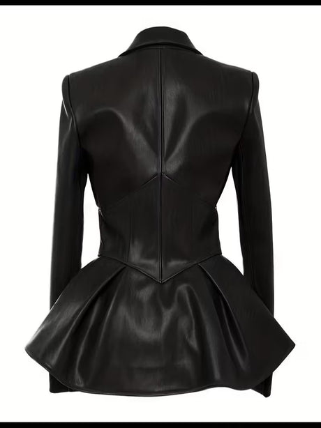 Women’s Black Leather Blazer – Fitted Peplum Jacket for Office & Street Style