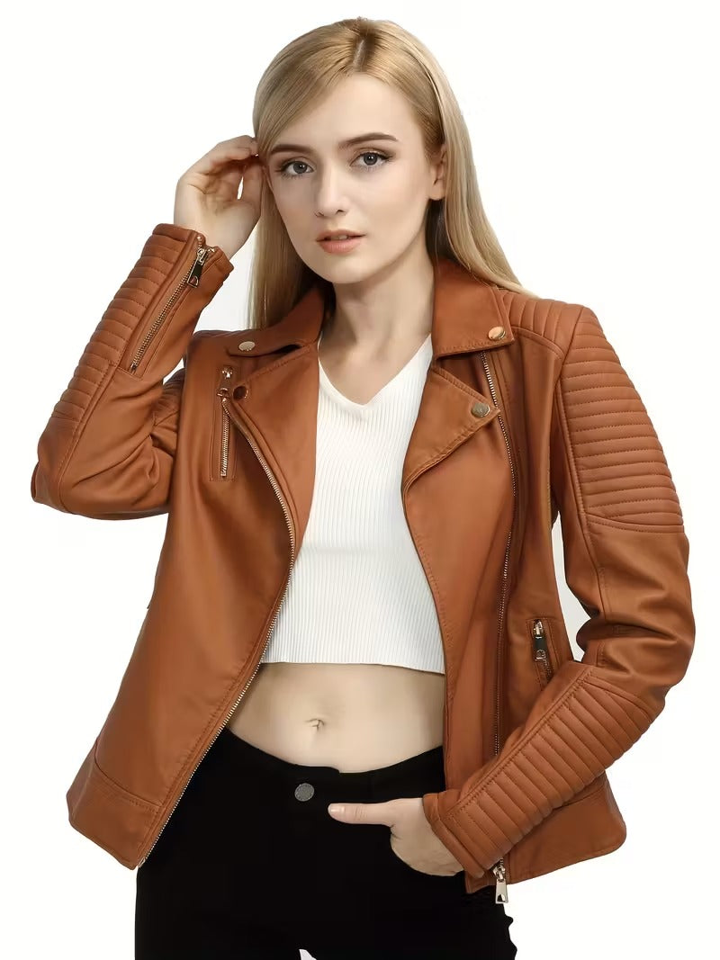 Women’s Leather-Look Short Motorcycle Jacket – Casual & Versatile Coat