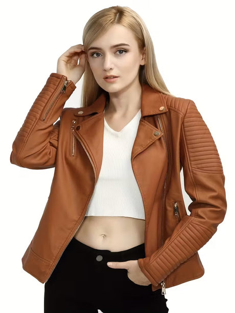 Women’s Leather-Look Short Motorcycle Jacket – Casual & Versatile Coat