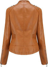 Women’s Leather Biker Jacket – Short Moto Coat with Stand Collar