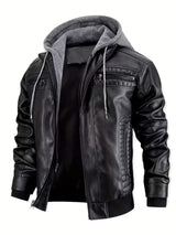 Men’s Leather Motorcycle Jacket with Removable Hood