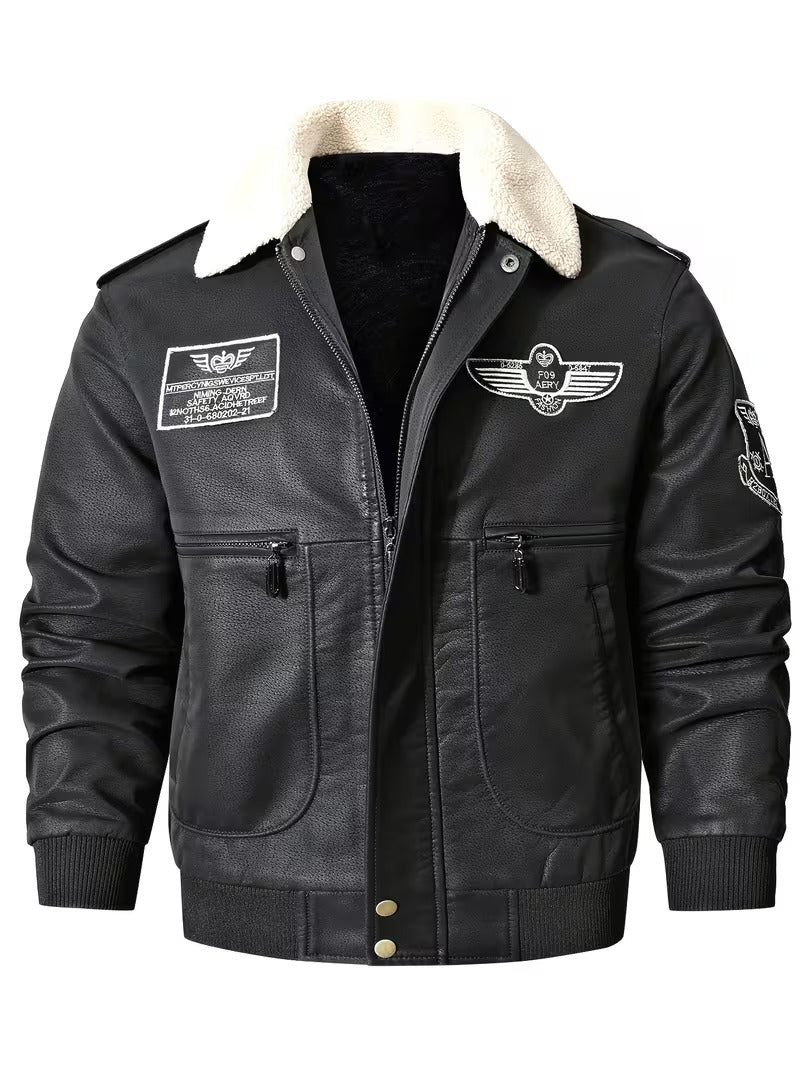 Men’s Vintage Leather Jacket – Zip-Up Casual Coat with Lapel Collar