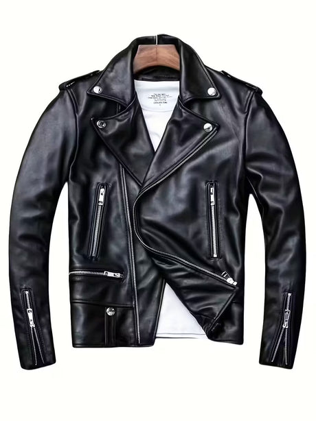Men’s Slim-Fit Leather-Look Motorcycle Jacket – Casual Streetwear Biker Coat