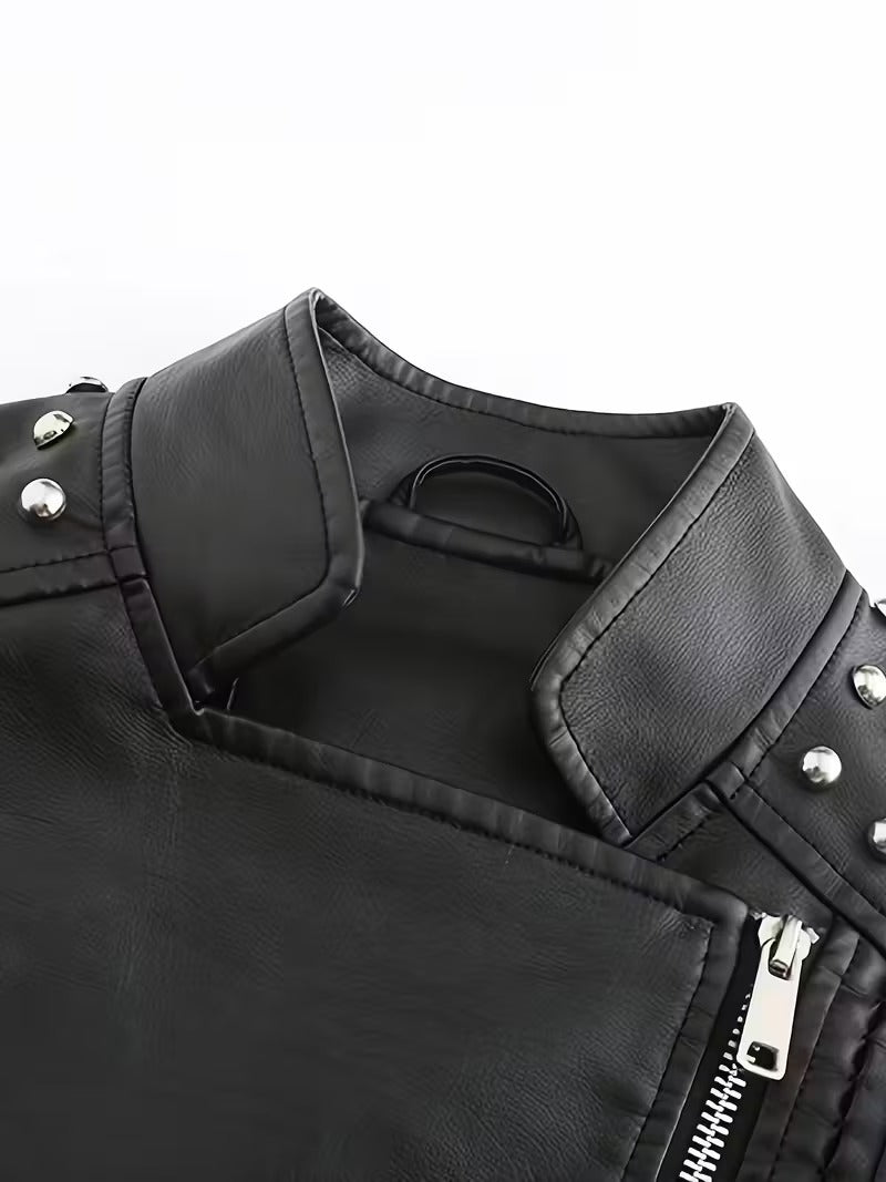 Women’s Leather Biker Jacket – Short Moto Coat with Stand Collar