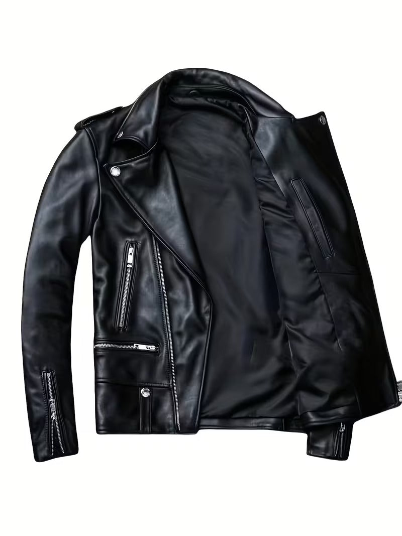 Men’s Slim-Fit Leather-Look Motorcycle Jacket – Casual Streetwear Biker Coat