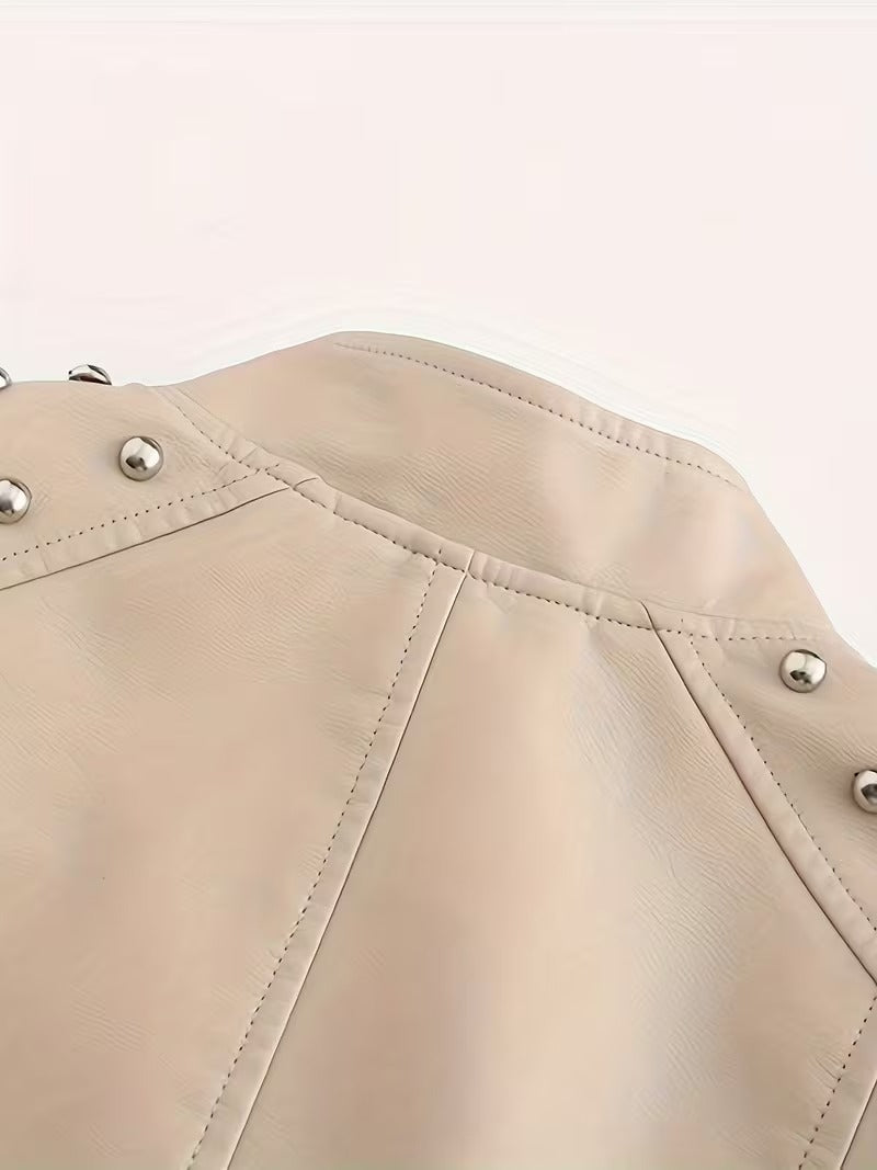 Women’s Leather Biker Jacket – Short Moto Coat with Stand Collar
