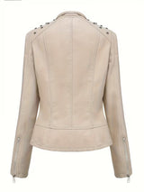 Women’s Leather Biker Jacket – Short Moto Coat with Stand Collar