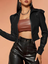Women’s Chic Matte Leather Cropped Jacket with Ruffle Sleeves & Zipper Detail