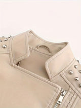 Women’s Leather Biker Jacket – Short Moto Coat with Stand Collar