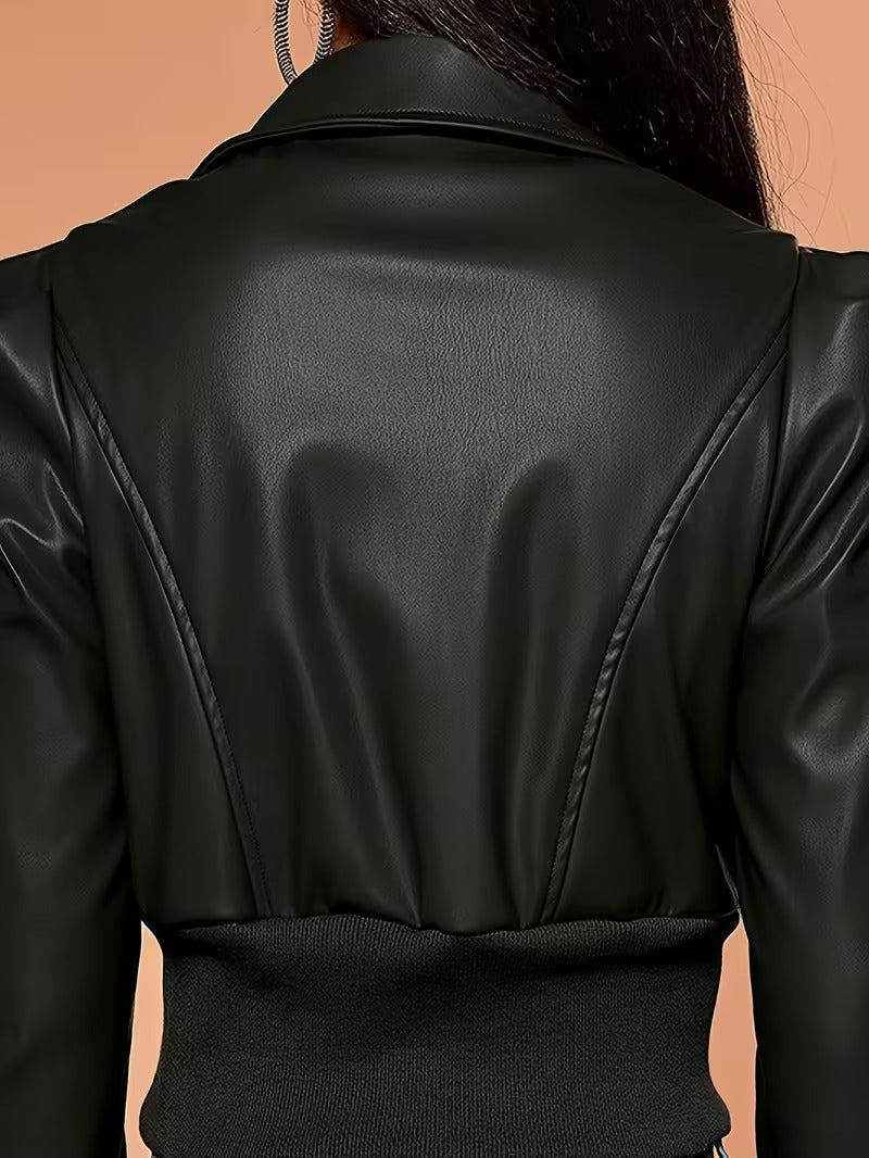 Women’s Chic Matte Leather Cropped Jacket with Ruffle Sleeves & Zipper Detail