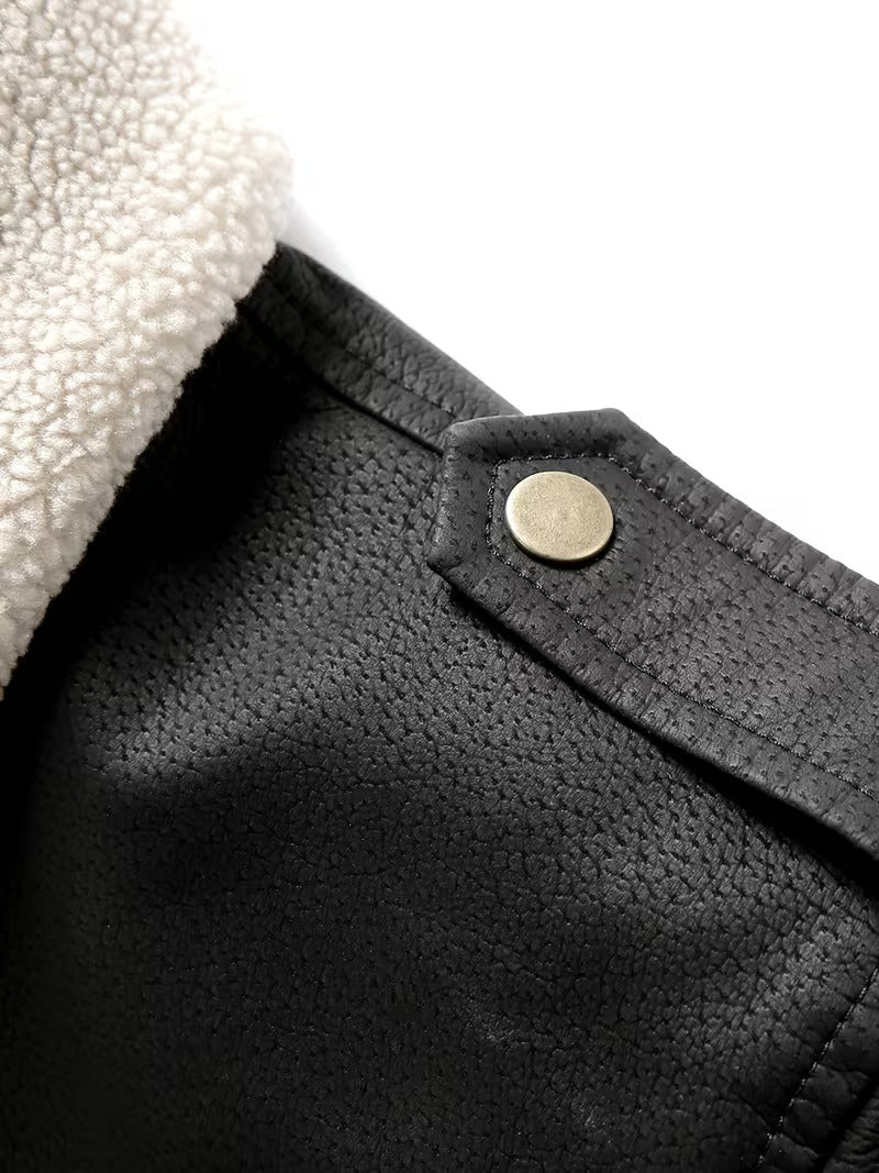 Men’s Vintage Leather Jacket – Zip-Up Casual Coat with Lapel Collar