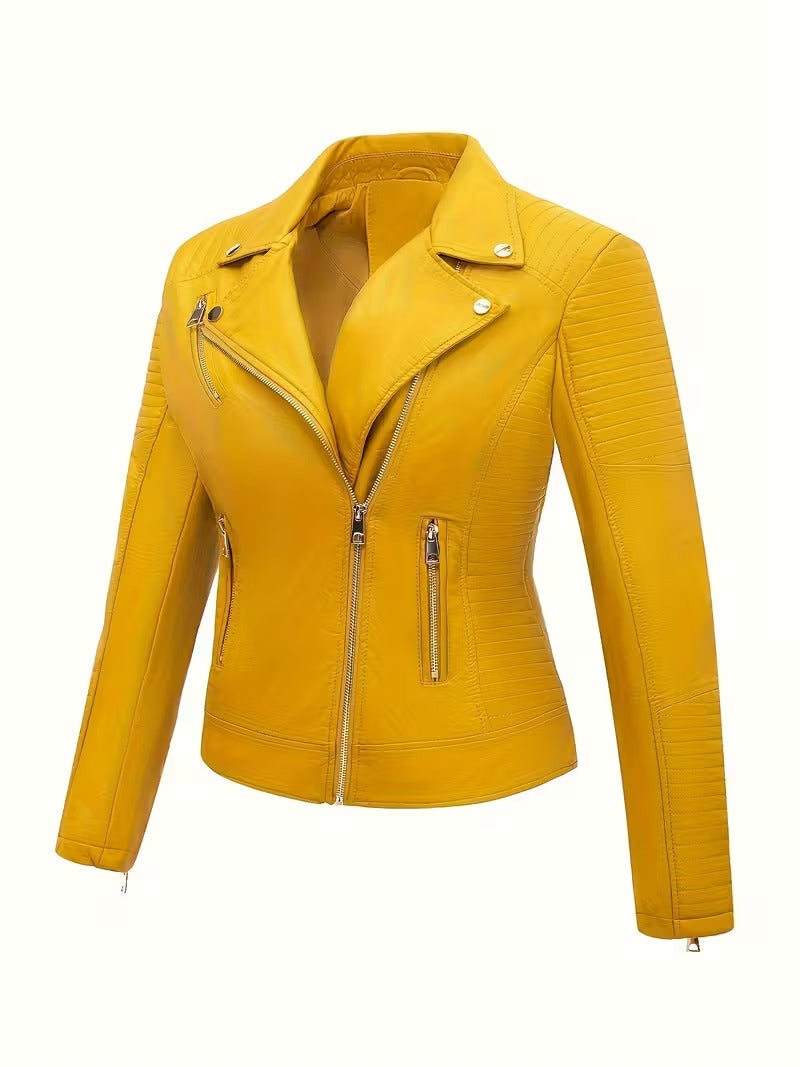 Women’s Leather-Look Short Motorcycle Jacket – Casual & Versatile Coat