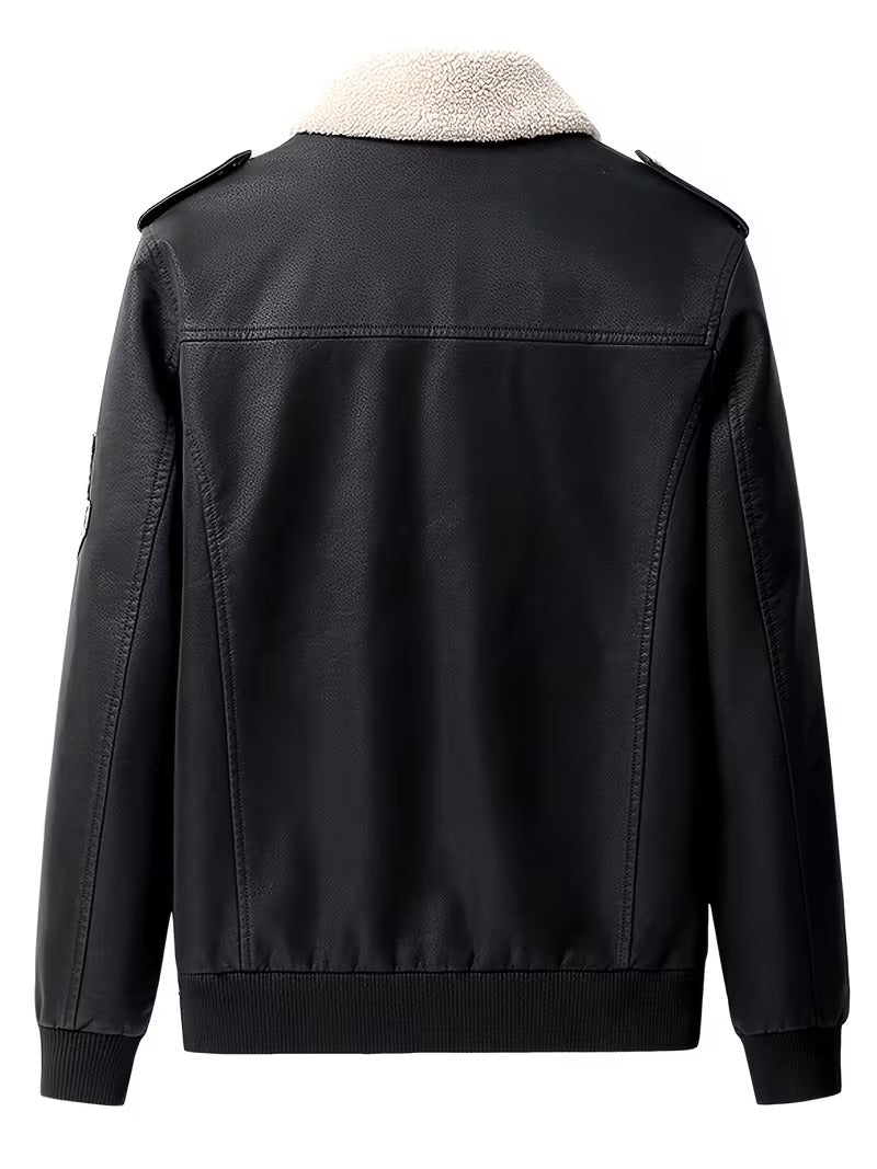 Men’s Vintage Leather Jacket – Zip-Up Casual Coat with Lapel Collar