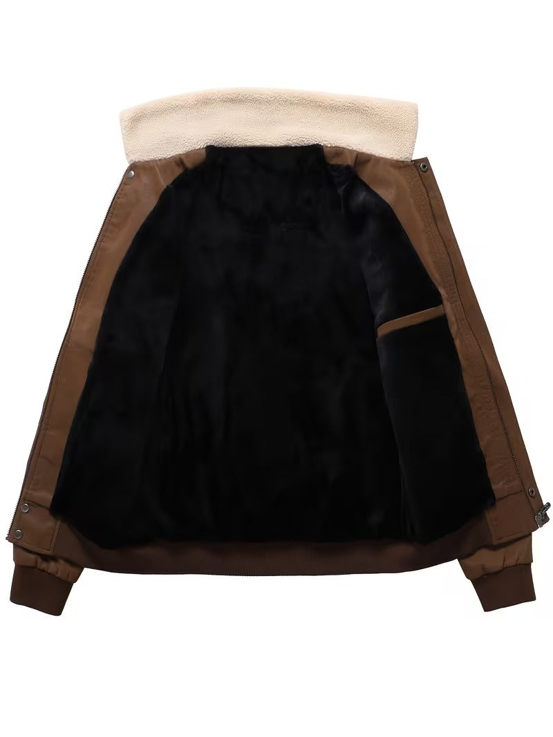 Men’s Vintage Leather Jacket – Zip-Up Casual Coat with Lapel Collar