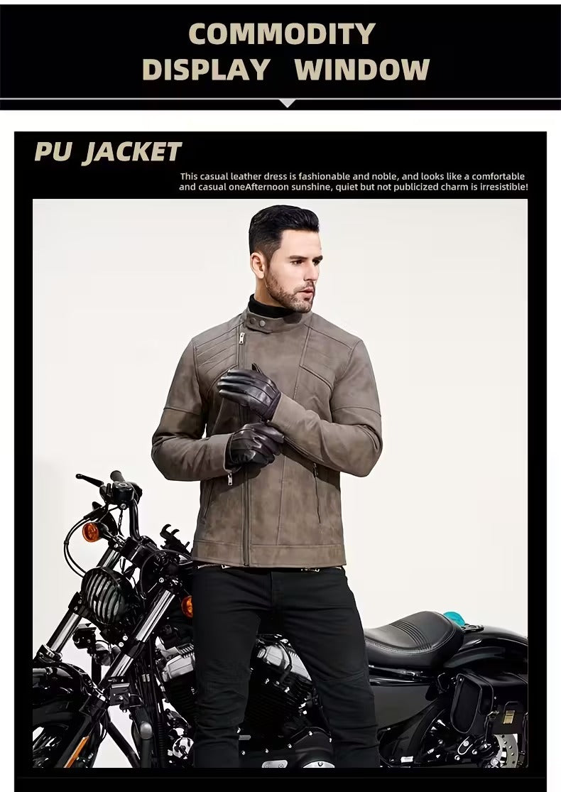 Men’s Retro Leather Moto Jacket with Large Lapel & Adjustable Sleeves