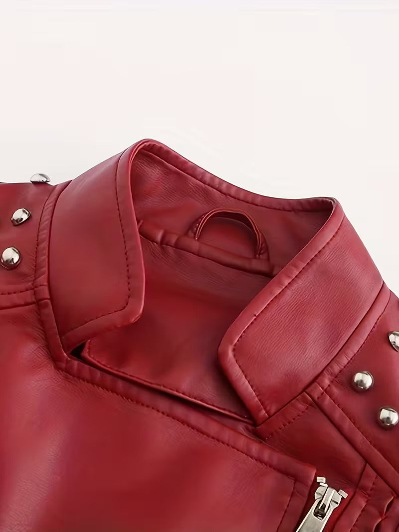 Women’s Leather Biker Jacket – Short Moto Coat with Stand Collar