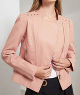 Women’s Leather Biker Jacket – Short Moto Coat with Stand Collar