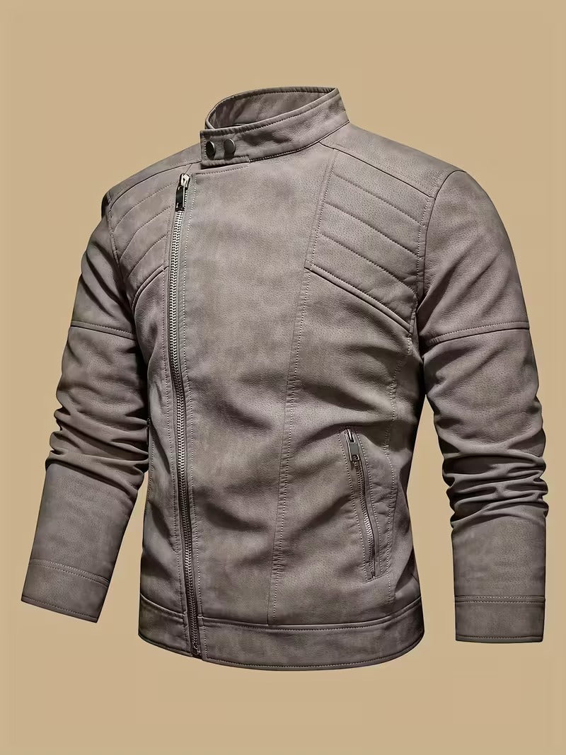 Men’s Retro Leather Moto Jacket with Large Lapel & Adjustable Sleeves