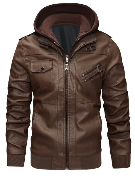 Titan Men’s Vintage Leather Moto Biker Jacket with Hood