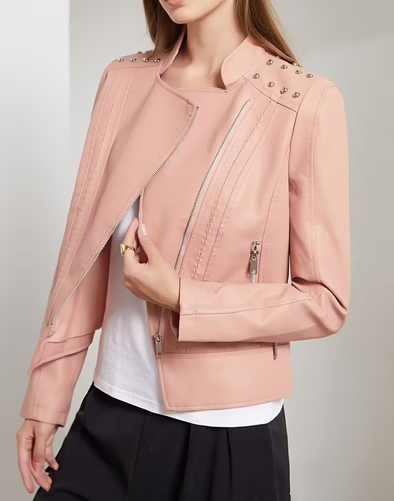 Women’s Leather Biker Jacket – Short Moto Coat with Stand Collar