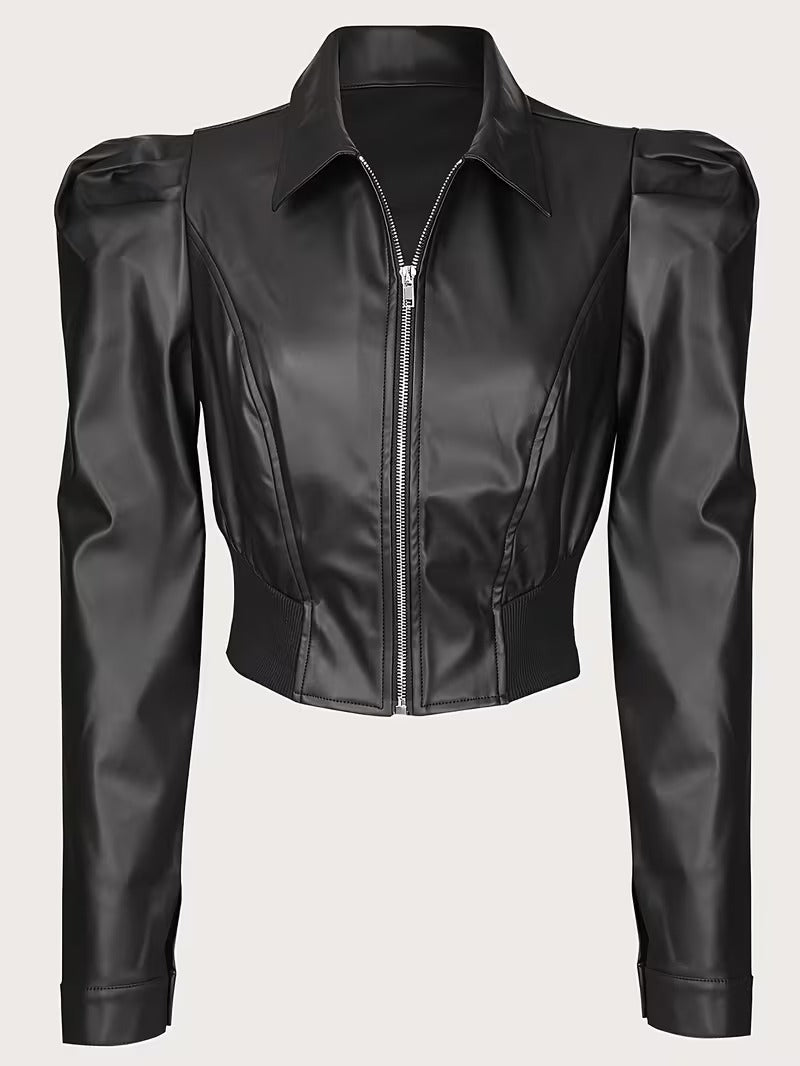 Women’s Chic Matte Leather Cropped Jacket with Ruffle Sleeves & Zipper Detail