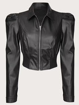 Women’s Chic Matte Leather Cropped Jacket with Ruffle Sleeves & Zipper Detail