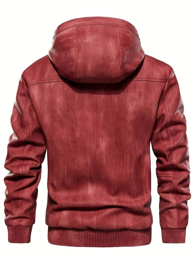 Men’s Vintage Leather Hooded Jacket – Tear-Resistant & Cozy Winter Coat