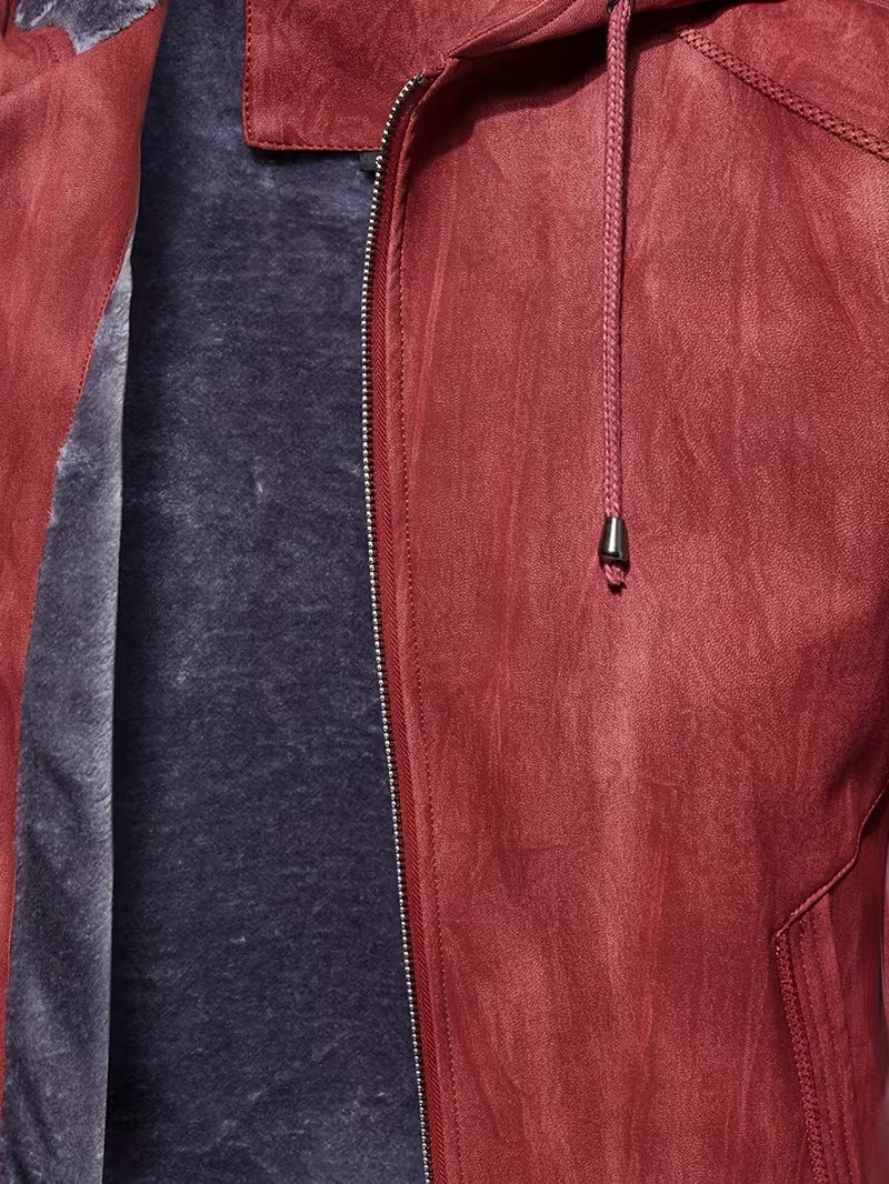 Men’s Vintage Leather Hooded Jacket – Tear-Resistant & Cozy Winter Coat