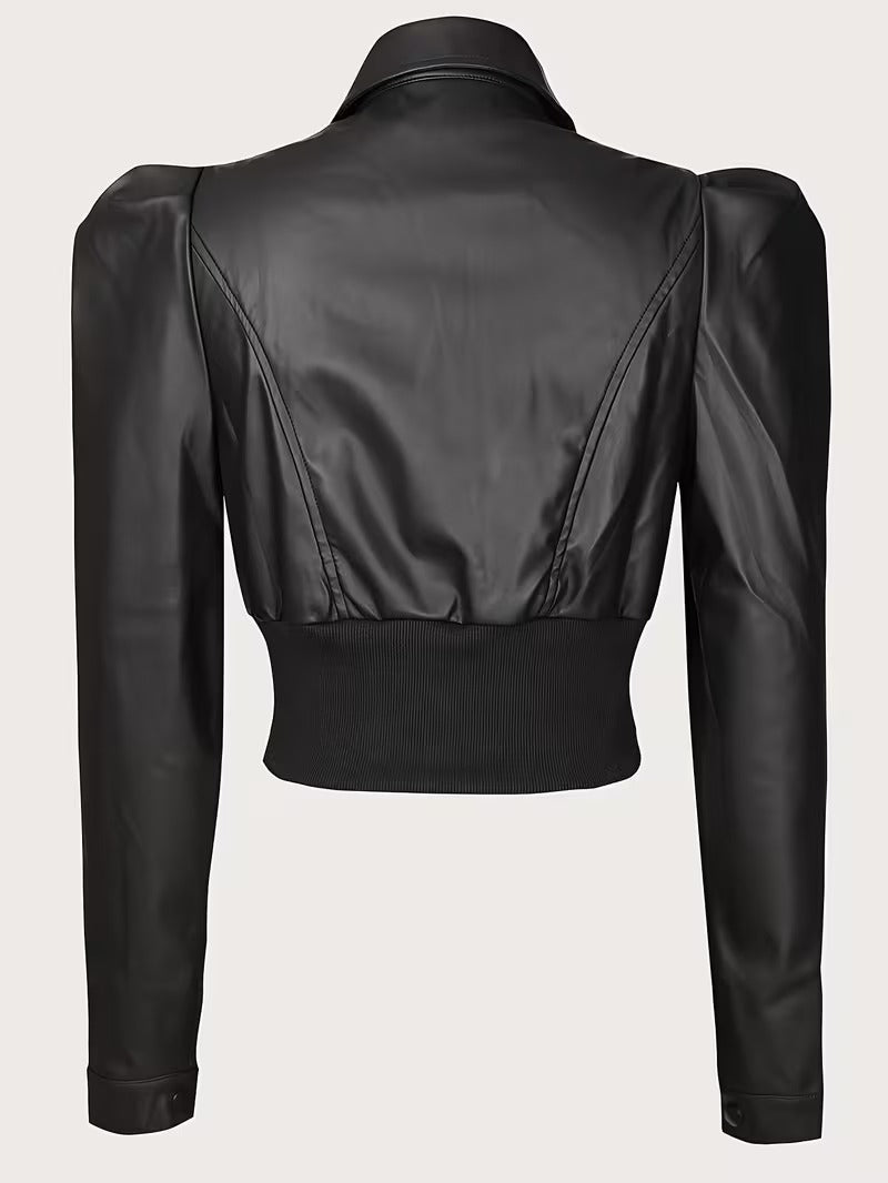 Women’s Chic Matte Leather Cropped Jacket with Ruffle Sleeves & Zipper Detail