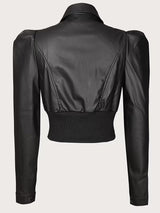 Women’s Chic Matte Leather Cropped Jacket with Ruffle Sleeves & Zipper Detail