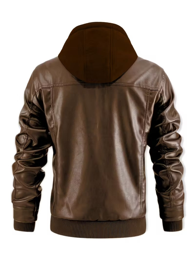 Men’s Leather Motorcycle Jacket with Removable Hood
