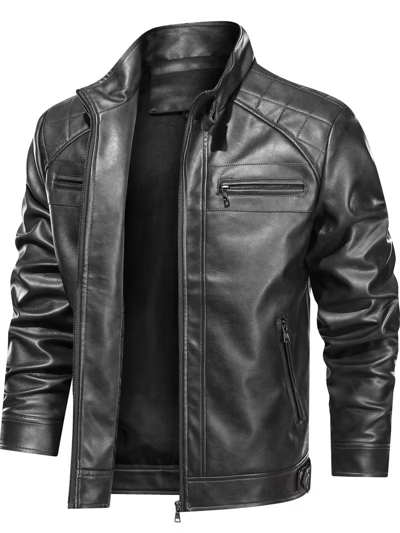 Men’s Leather Biker Jacket – Casual Moto Style with Zipper Pockets