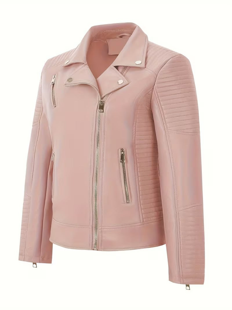 Women’s Leather-Look Short Motorcycle Jacket – Casual & Versatile Coat