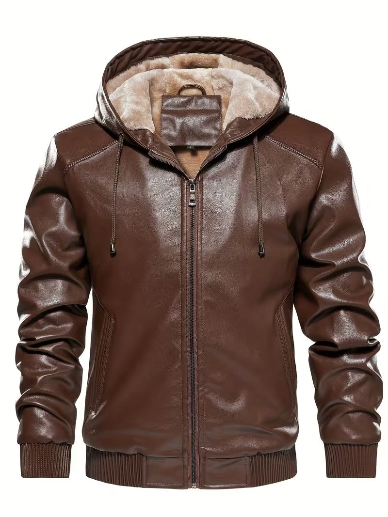 Men’s Vintage Leather Hooded Jacket – Tear-Resistant & Cozy Winter Coat