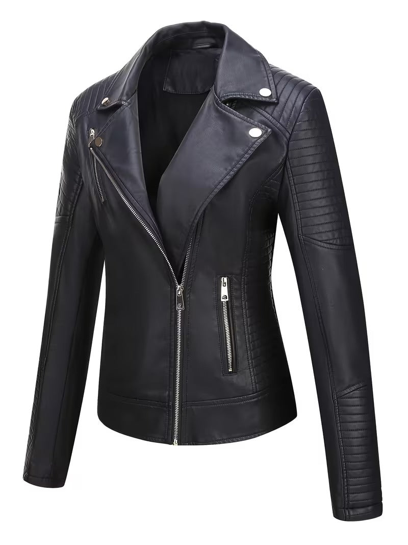 Women’s Leather-Look Short Motorcycle Jacket – Casual & Versatile Coat