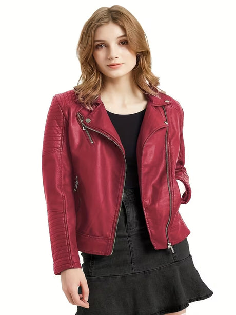 Women’s Leather-Look Short Motorcycle Jacket – Casual & Versatile Coat